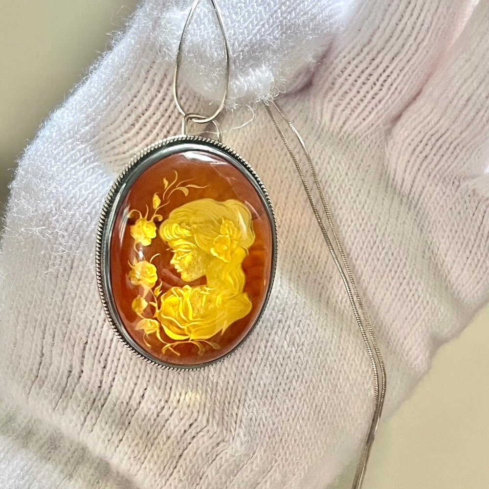 Vintage Amber Pin Brooch Pendant Necklace in Sterling Silver w 925 Italy Chain